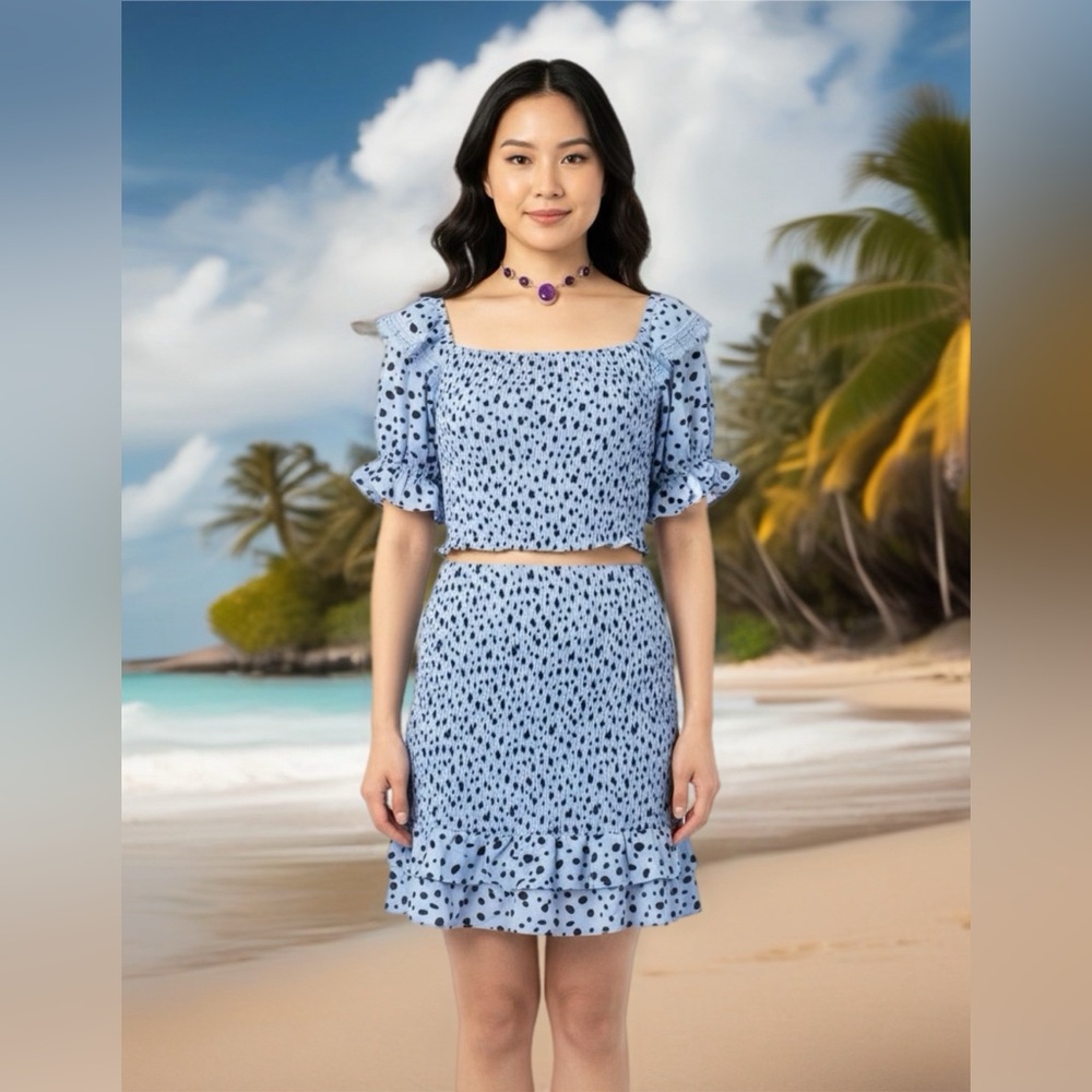 Blue Polka Dot Ruffle Skirt Set - Women